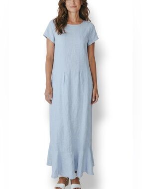 4/$20 Vintage Linen Maxi Dress Light Blue Minimalist Cap Sleeve Shift Dress M